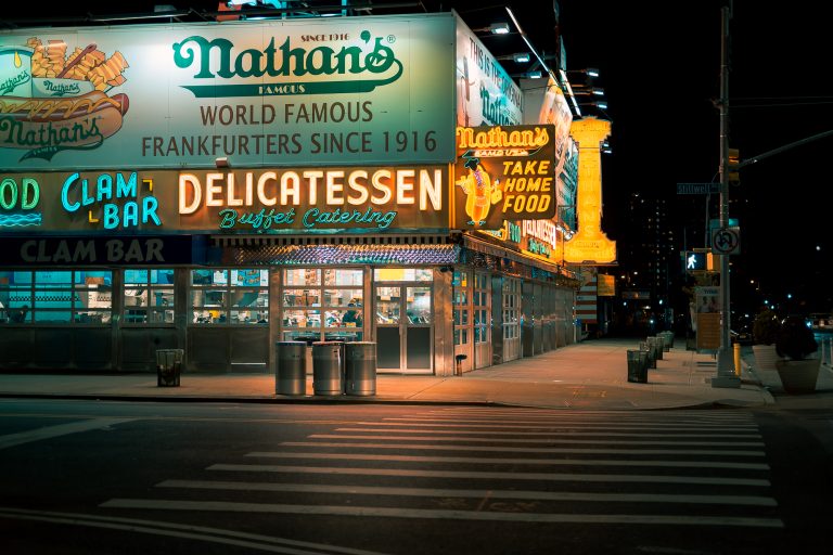 Nathan's World Famous Hotdogs at night in Coney Island